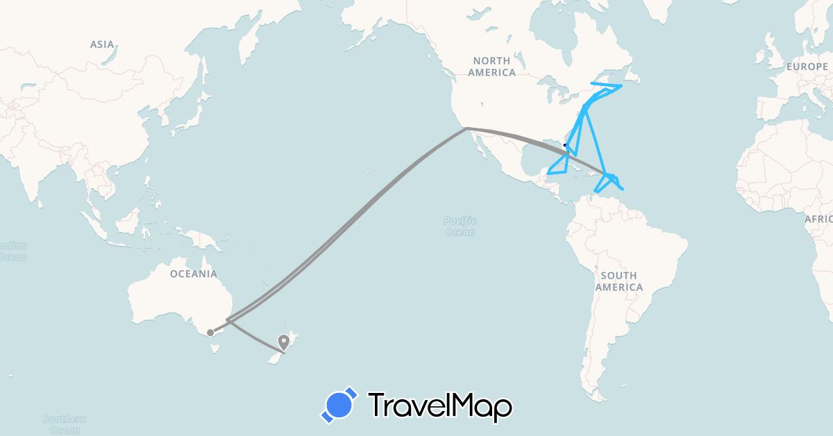 TravelMap itinerary: driving, bus, plane, train, boat in Antigua and Barbuda, Australia, Barbados, Bahamas, Canada, Saint Kitts and Nevis, Cayman Islands, Saint Lucia, Mexico, Netherlands, New Zealand, United States (Europe, North America, Oceania)
